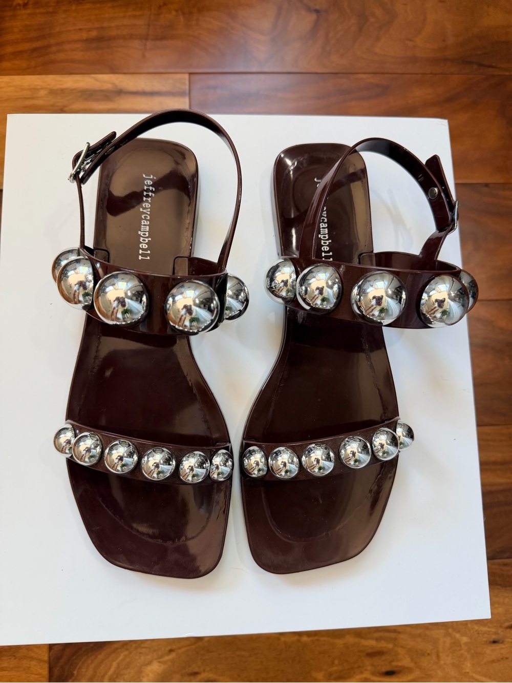 Jeffrey Campbell Dark Brown Patent Studded Ankle-Strap Sandals